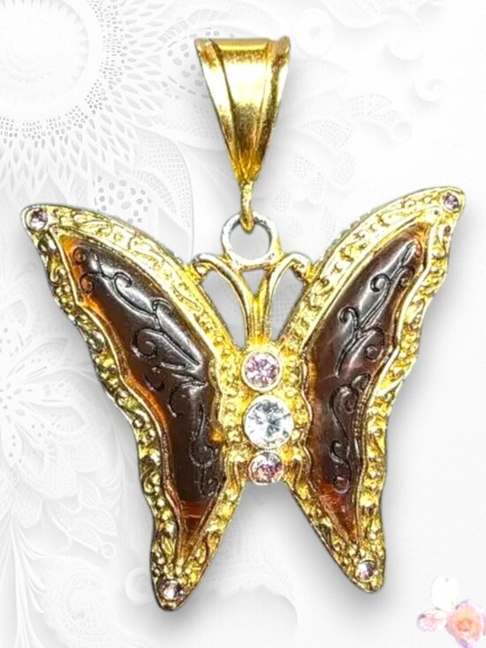 Jewelry - Vintage Large Gold Tone Butterfly Pendant Rhinestone Textured Statement 452